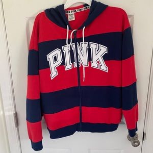 PINK Striped Zip up Hooded Sweatshirt
